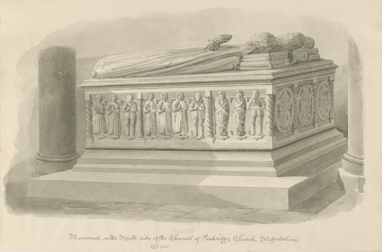 Penkridge Church – Hrobka [Edwarda Littletona]: sépiová kresba od John Chessell Buckler