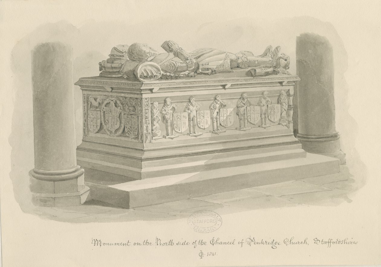Penkridge Church - Hrobka [Sir Edward Littleton]: sépiová kresba od John Chessell Buckler