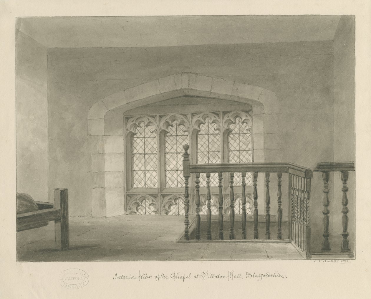 Pillaton Hall - Interiér kaple: sépiová kresba, 1841 od John Chessell Buckler