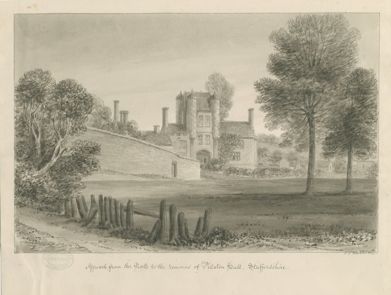 Pillaton Hall: sépiová kresba od John Chessell Buckler