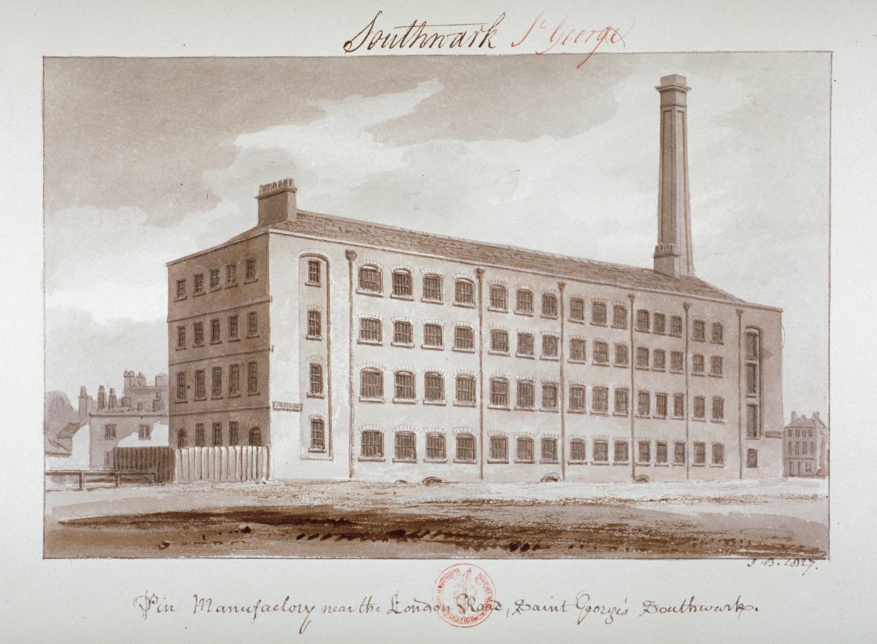 Pin manufaktura poblíž London Road, Southwark, Londýn, 1827 od John Chessell Buckler