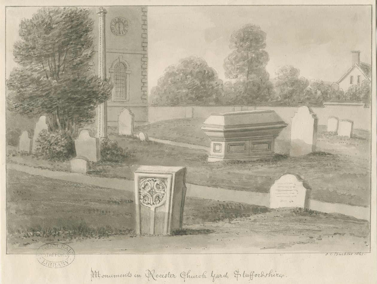 Rocester Church - Památky a kostelní dvůr: sépiová kresba od John Chessell Buckler