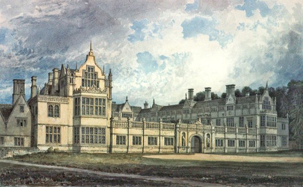 Rushton Hall, Northamptonshire: Pohled od jihovýchodu (wc) od John Chessell Buckler