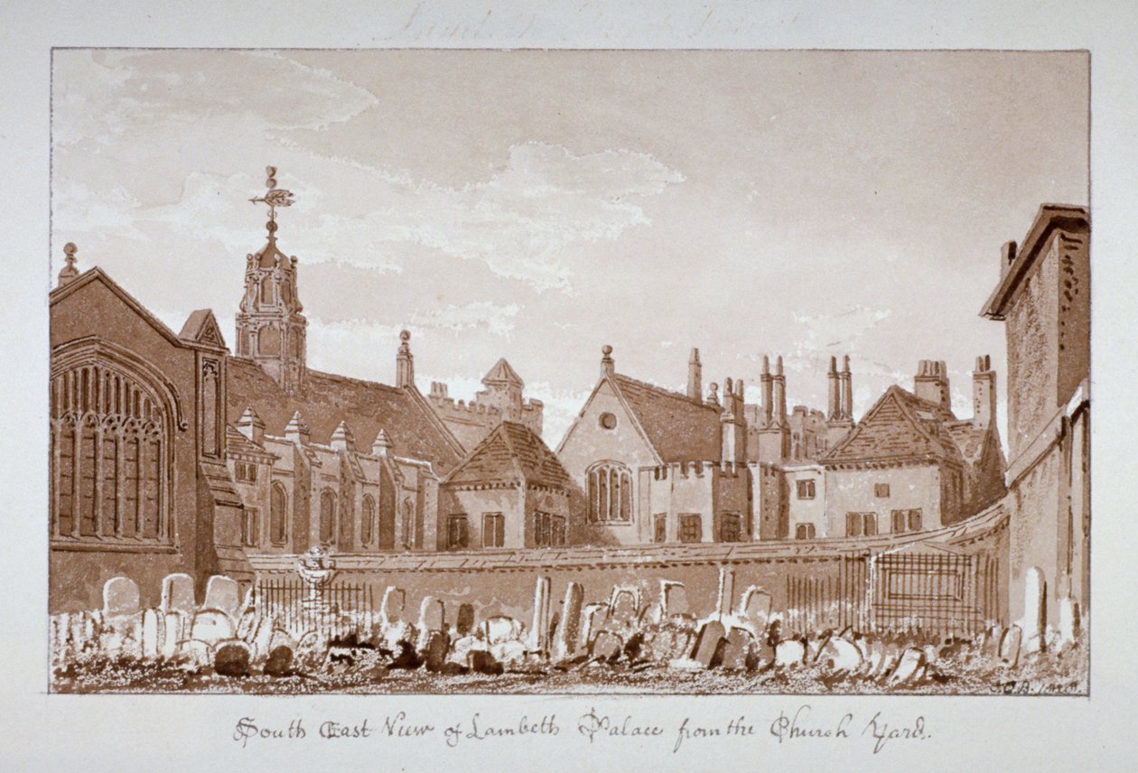 Jihovýchodní pohled na Lambeth Palace z hřbitova, Londýn, 1828 od John Chessell Buckler