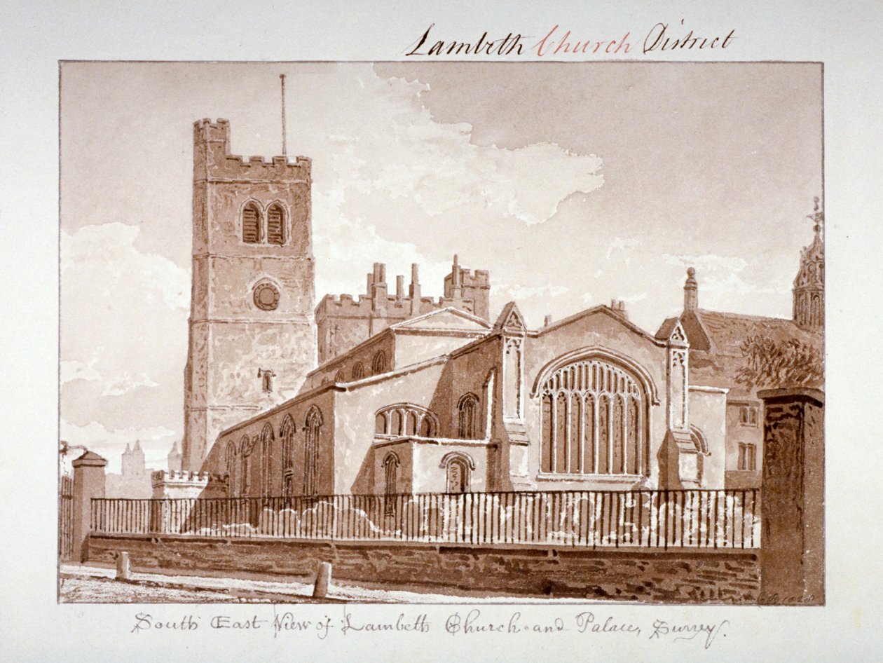 Jihovýchodní pohled na kostel Panny Marie, Lambeth, Londýn, 1828. od John Chessell Buckler