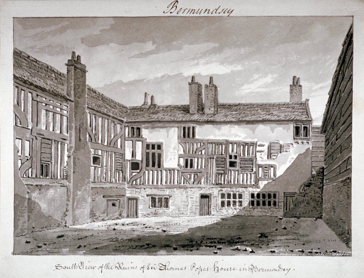 Jižní pohled na zbytky domu Thomase Popea, Mill Lane, Bermondsey, Londýn, 1808. od John Chessell Buckler