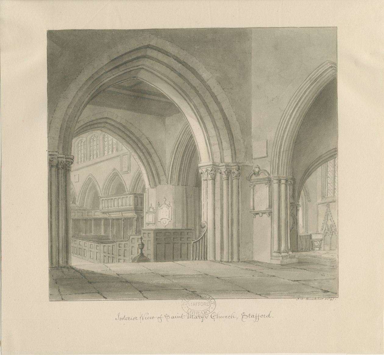 Stafford - Interiér kostela Panny Marie: sépiová kresba, 1841 od John Chessell Buckler