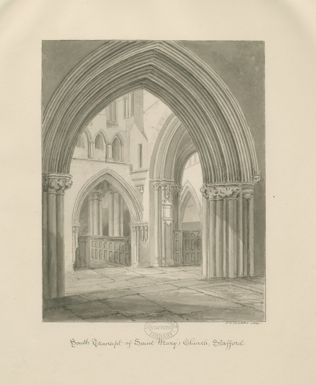 Stafford - Interiér kostela Panny Marie: sépiová kresba, 1841 od John Chessell Buckler