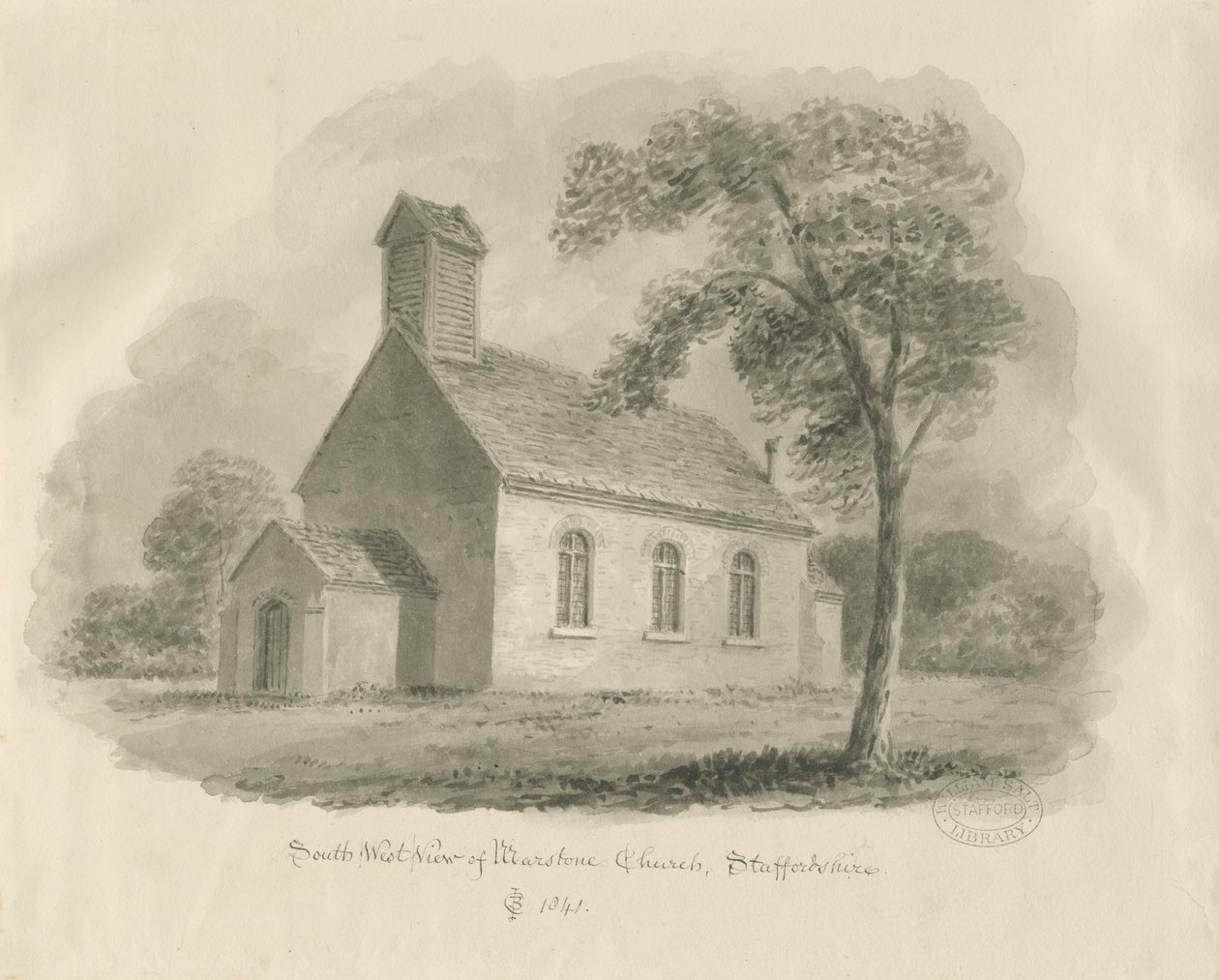 Stafford - Marston Chapel: sépiová kresba (vinětovaná) od John Chessell Buckler