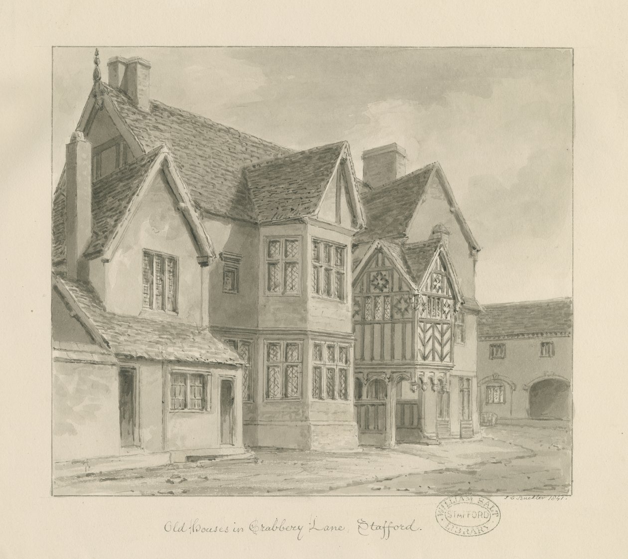 Stafford - Staré domy v Crabbery Lane: sépiová kresba, 1841 od John Chessell Buckler