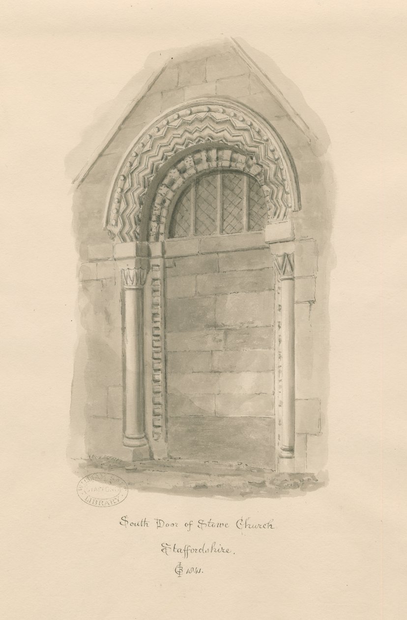Stowe Church - South Door: sépiová kresba od John Chessell Buckler