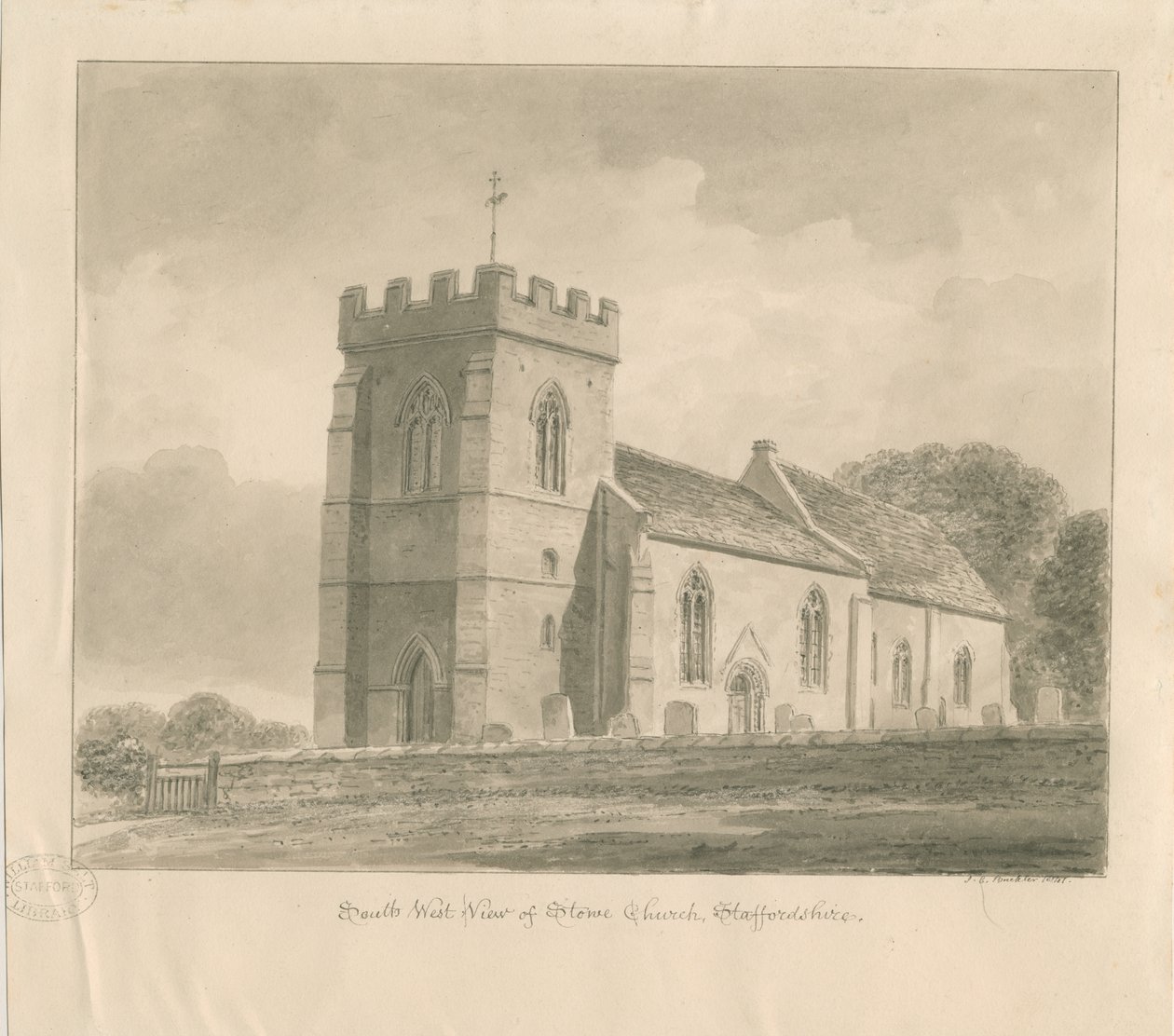 Stowe Church: sépiová lavírovaná kresba od John Chessell Buckler