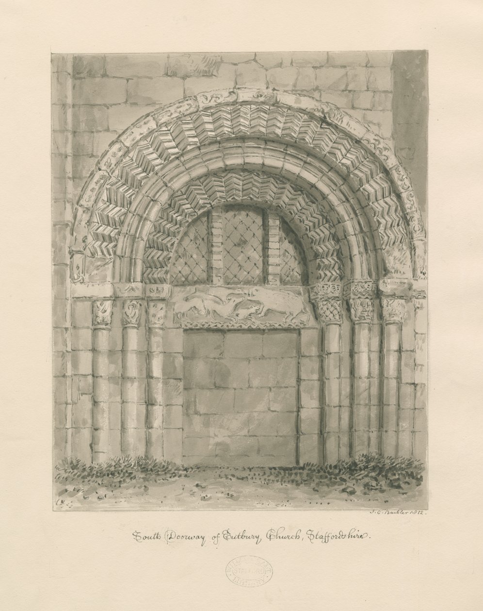 Tutbury Priory Church - South Doorway: sépiová kresba, 1812 od John Chessell Buckler