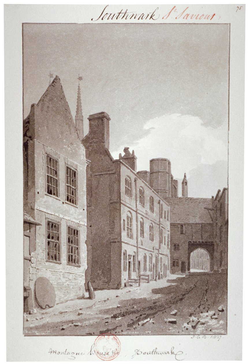 Pohled směrem k bráně Montague House, Southwark, Londýn, 1827 od John Chessell Buckler