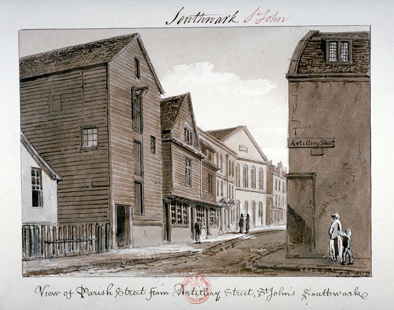 Pohled na Parish Street a Artillery Street, Bermondsey, Londýn, 1828 od John Chessell Buckler