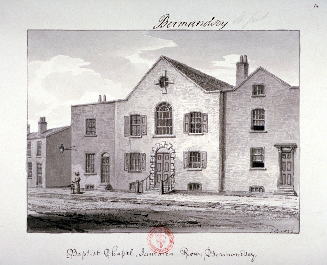 Pohled na baptistickou kapli na Jamaica Row, Bermondsey, Londýn, 1826 od John Chessell Buckler