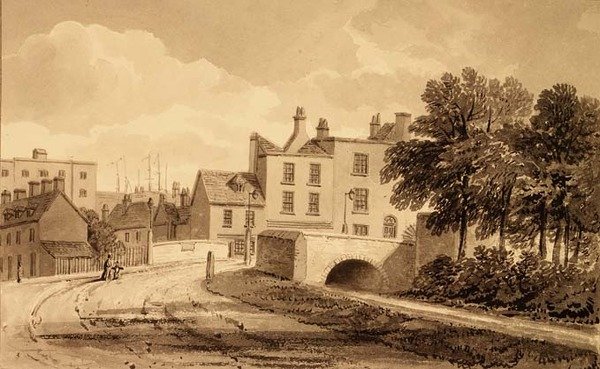 Pohled na Mill Pond Bridge, Bermondsey od John Chessell Buckler