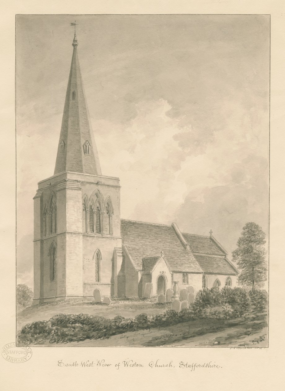 Kostel Weston-on-Trent: sépiová kresba od John Chessell Buckler