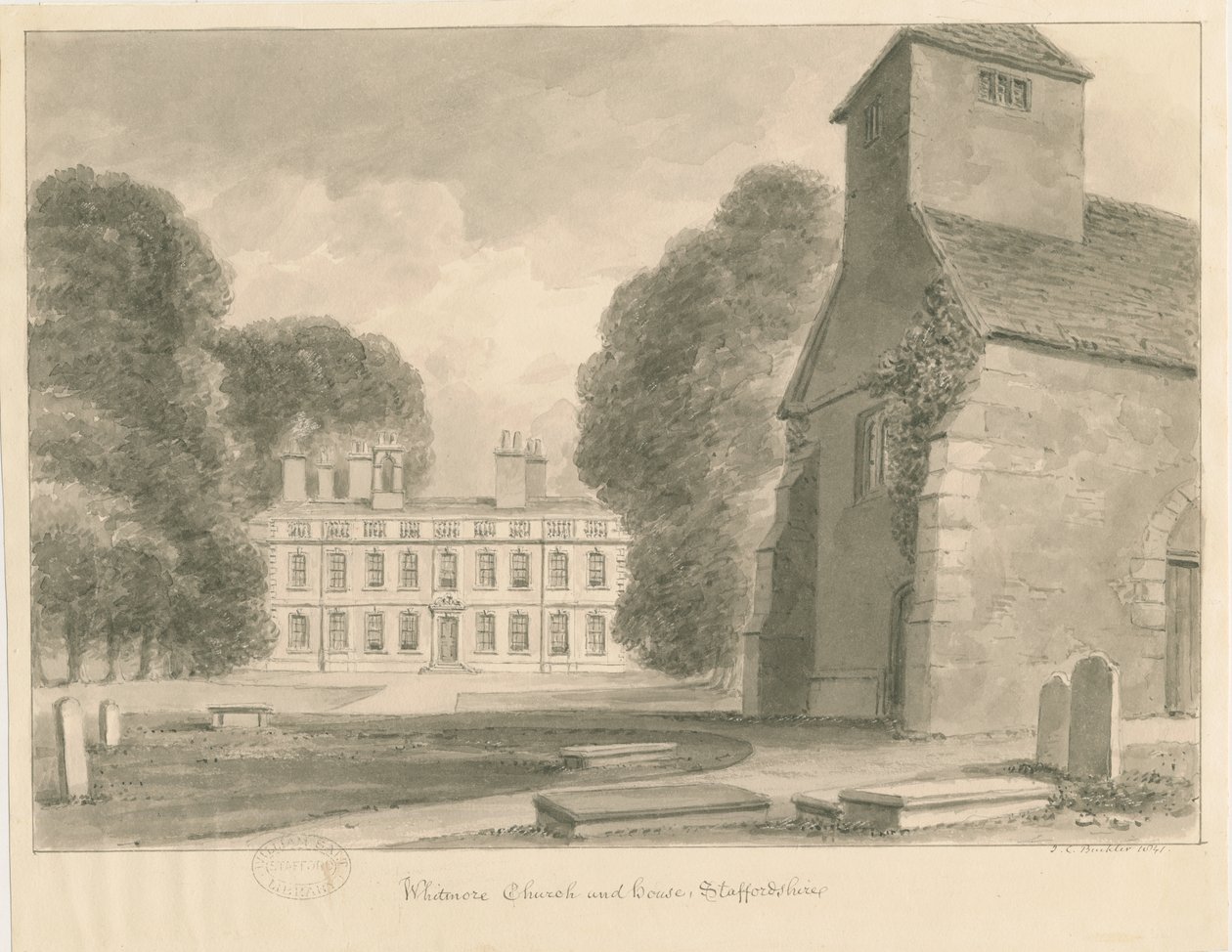 Whitmore Church and House: sépiová lavírovaná kresba, 1841 od John Chessell Buckler