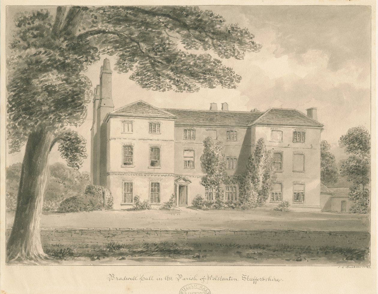 Wolstanton - Bradwell Hall: sépiová kresba od John Chessell Buckler
