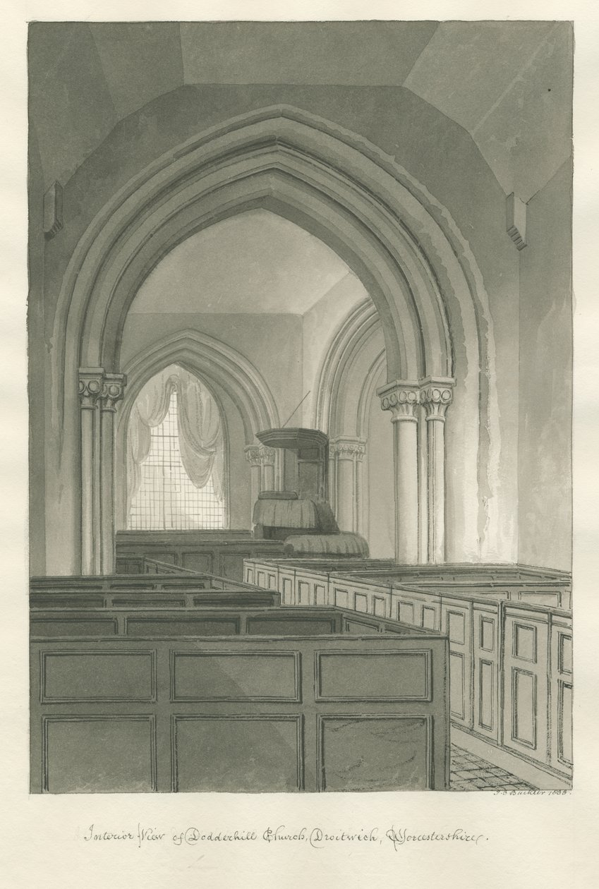 Worcestershire - Droitwich - Interiér kostela Dodderhill: sépiová kresba od John Chessell Buckler