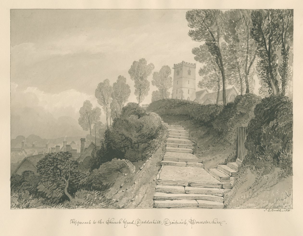 Worcestershire - Droitwich - Dodderhill Church: sépiová kresba, 1833 od John Chessell Buckler