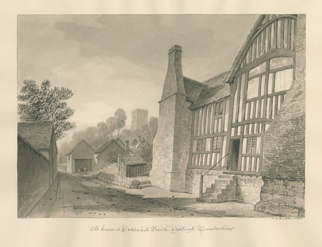 Worcestershire - Droitwich - Dodderhill Old House: sépiová kresba od John Chessell Buckler