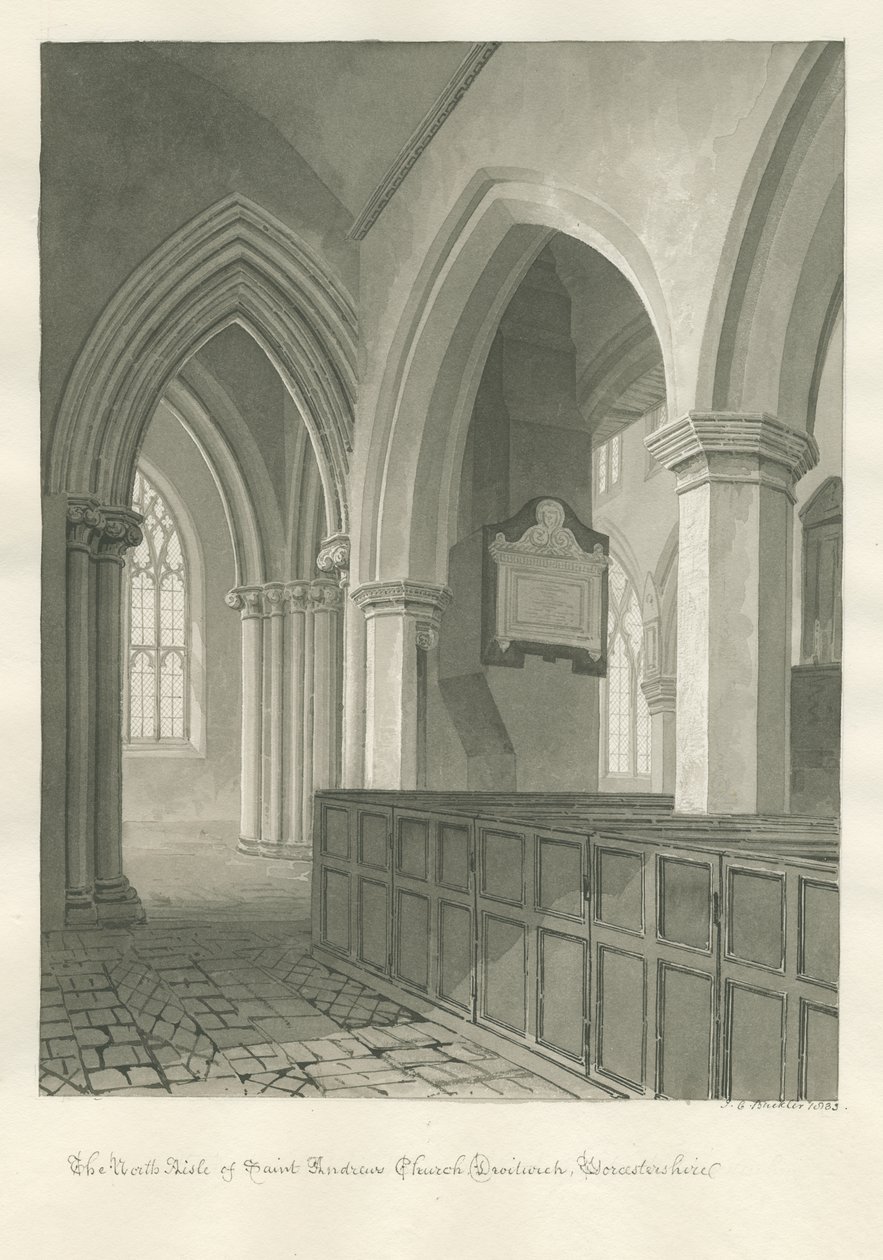 Worcestershire - Droitwich - interiér kostela svatého Ondřeje: sépiová kresba od John Chessell Buckler