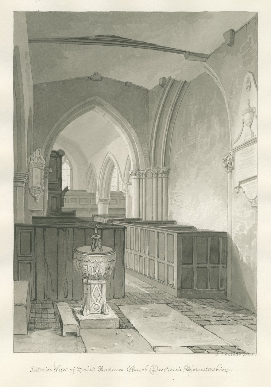Worcestershire – Droitwich – interiér kostela svatého Ondřeje: sépiová kresba, 1833 od John Chessell Buckler