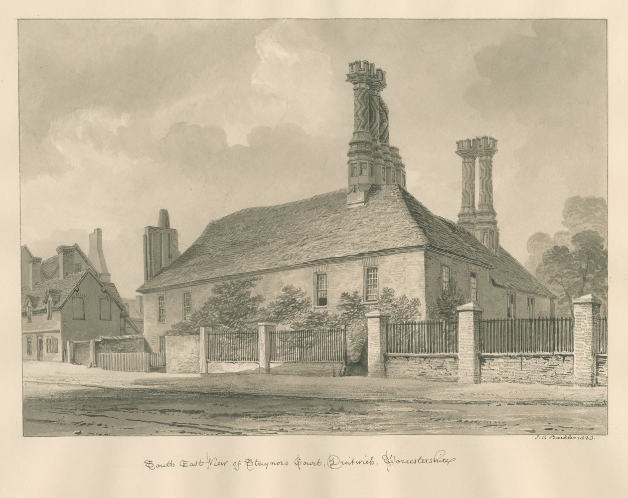 Worcestershire - Droitwich - Staynors Court: sépiová kresba, 1833 od John Chessell Buckler