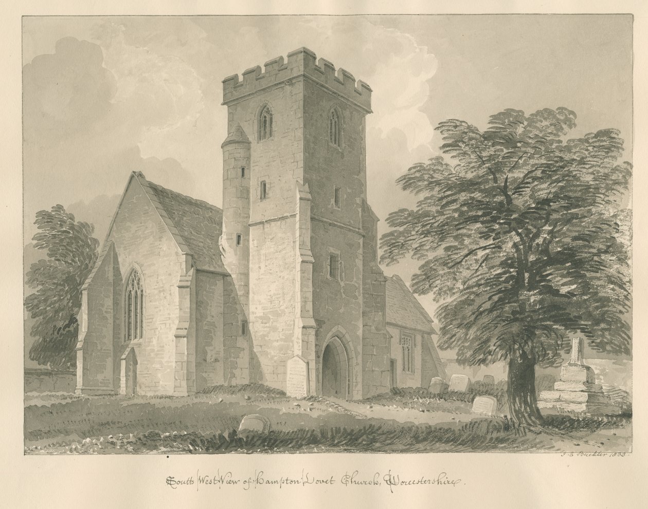 Worcestershire - Hampton Lovett Church: sépiová kresba, 1833 od John Chessell Buckler