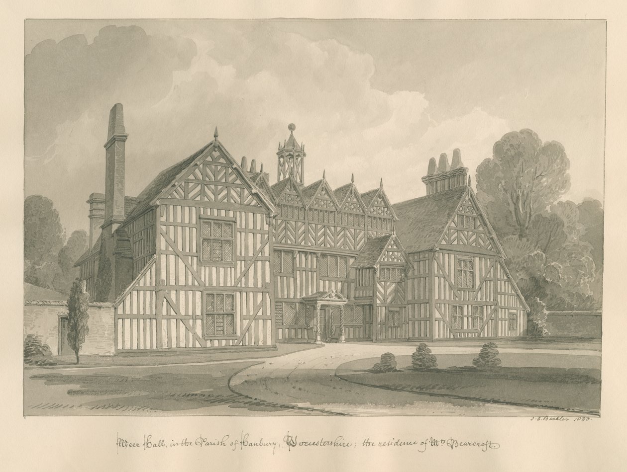Worcestershire - Hanbury - Meer Hall: sépiová kresba od John Chessell Buckler