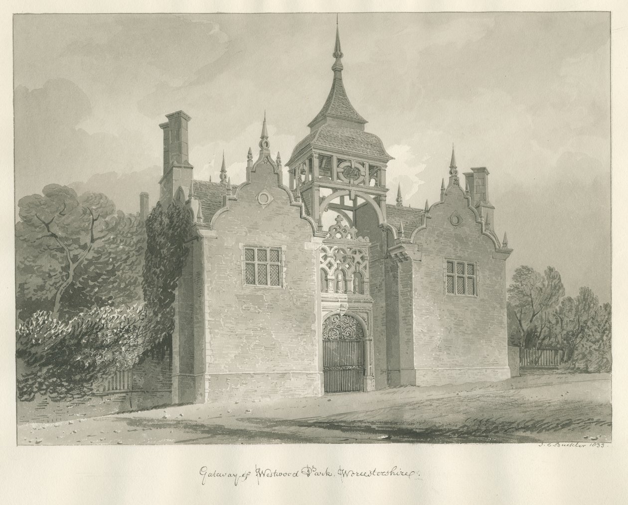 Worcestershire - Westwood Park - Vstupní brána: sépiová kresba, 1833 od John Chessell Buckler