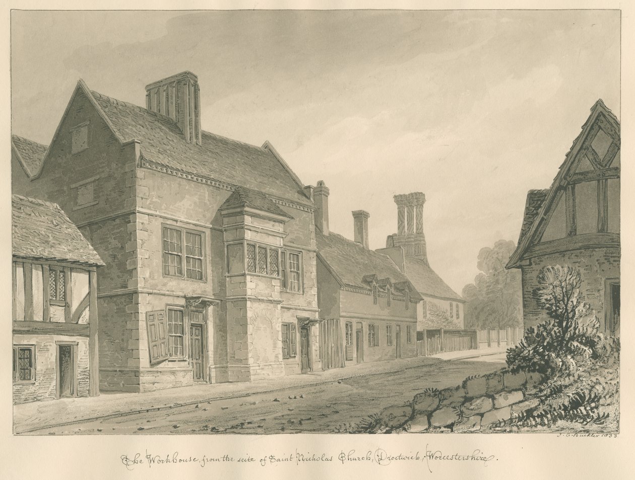 Worcestershire - Droitwich - Workhouse: sépiová kresba od John Chessell Buckler