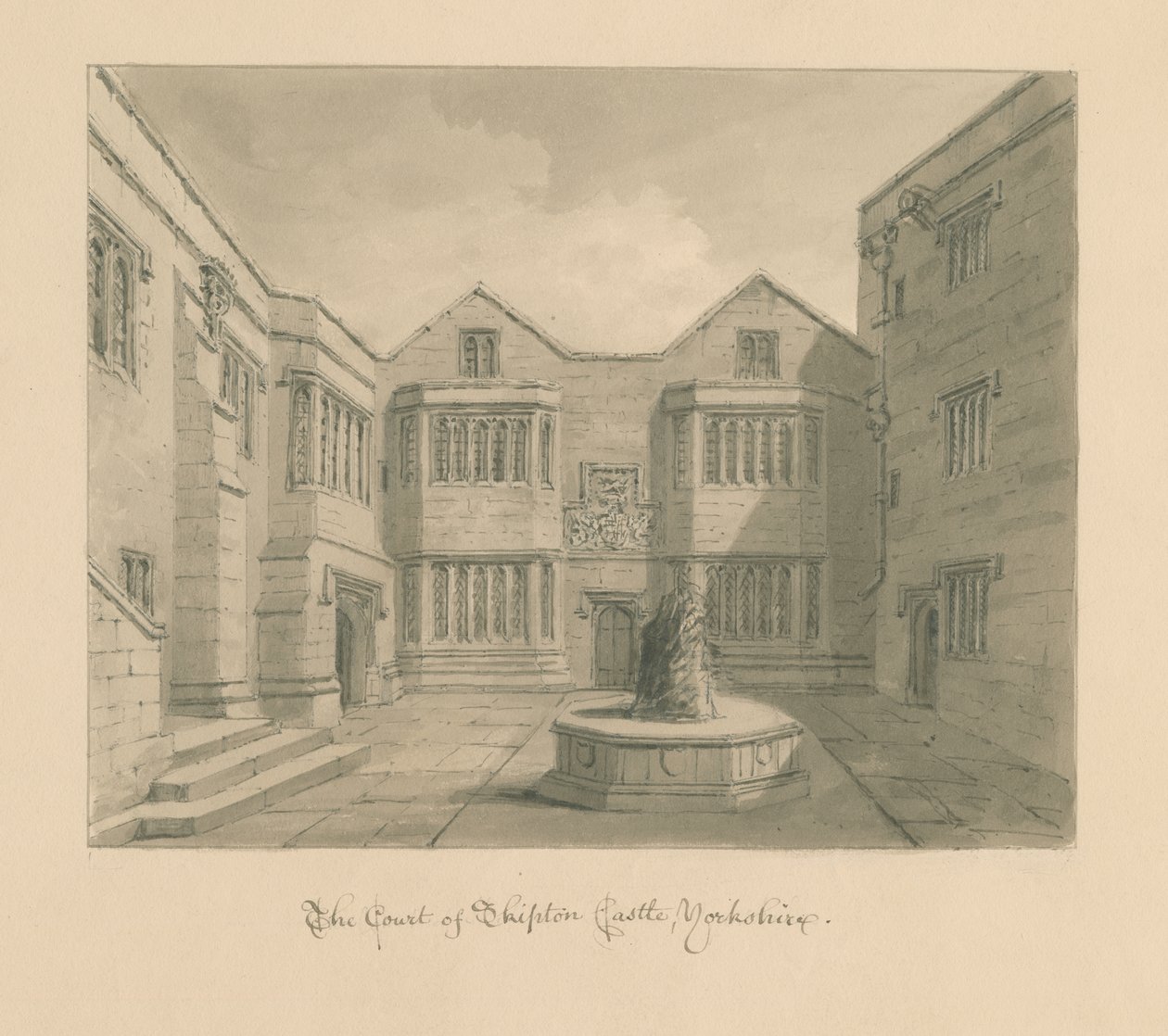 Yorkshire - hrad Skipton: sépiová kresba od John Chessell Buckler