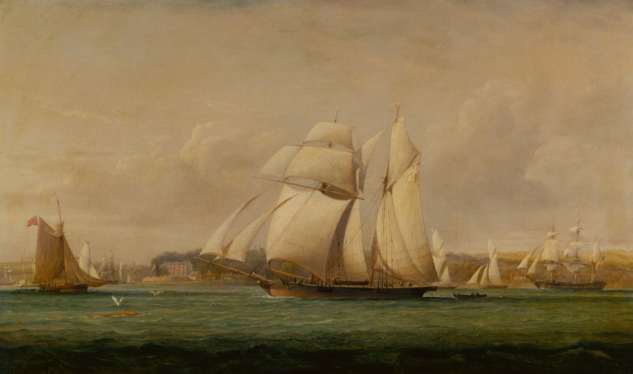 Špičkový plachetní škuner, dva kráječe Royal Yacht Squadron a americká obchodní loď (ropa) od John Christian Schetky