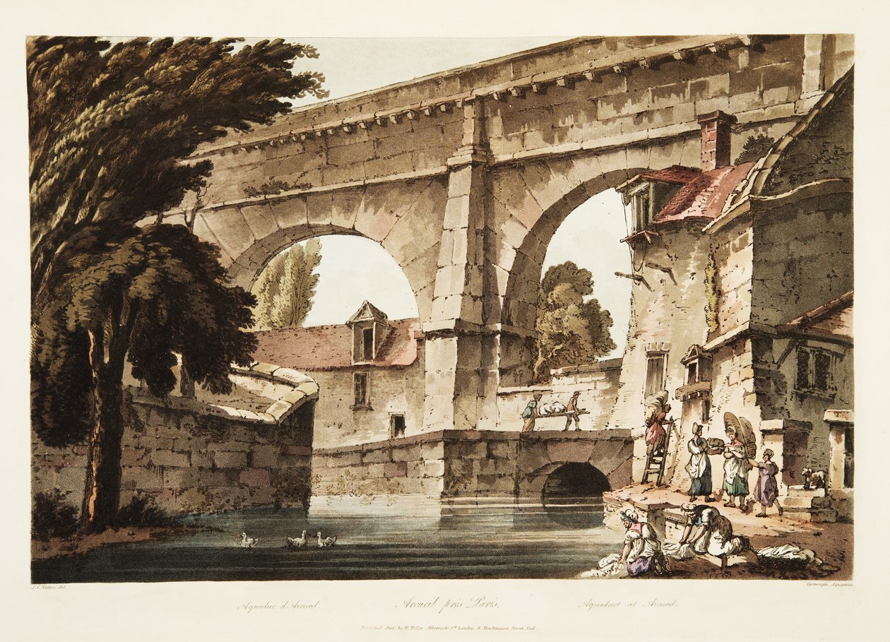 Akvadukt v Arcueil, ilustrace z Versailles, Paříže a Saint Denis, pub. 1805 (akvatinta) od John Claude Nattes