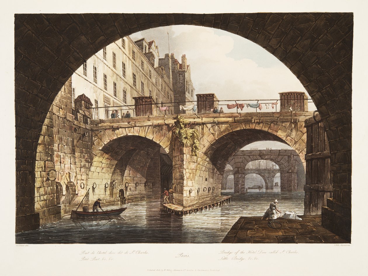 Most hotelu Dieu zvaný St Charles, Malý most, ilustrace z Versailles, Paříž a Saint Denis, hospoda. 1806 (akvatinta) od John Claude Nattes
