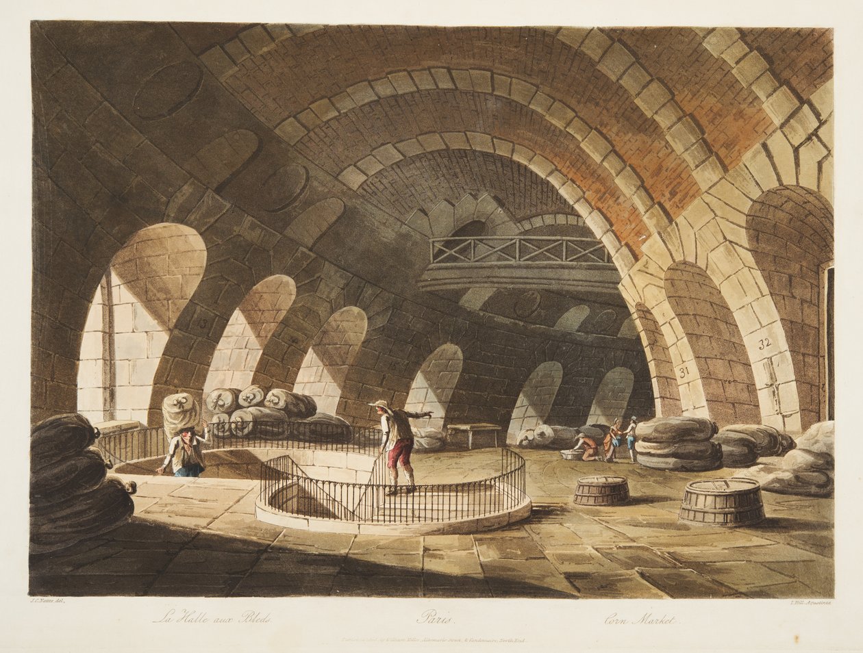 Kukuřičný trh, ilustrace z Versailles, Paříž a Saint Denis, hospoda. 1805 (akvatinta) od John Claude Nattes