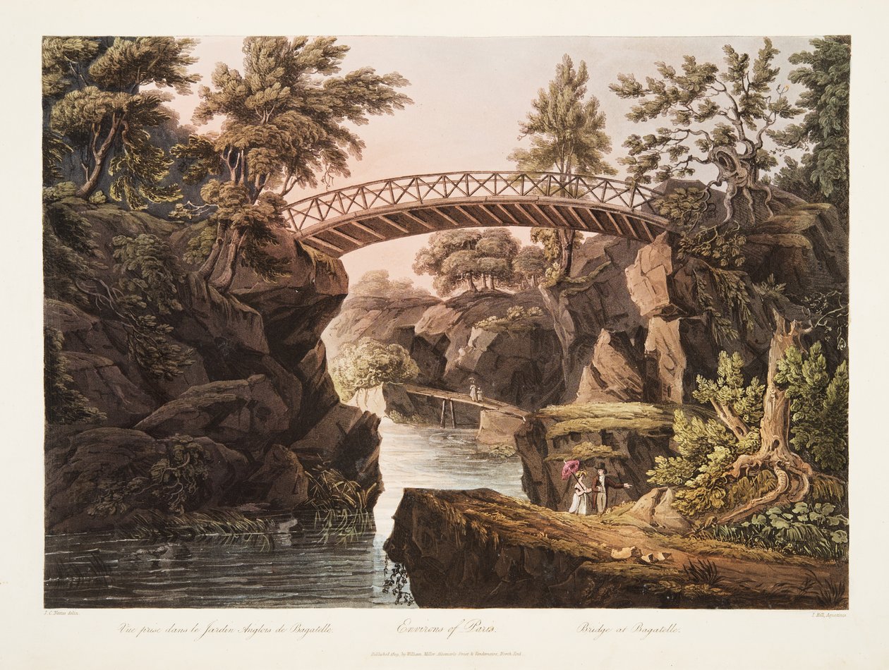 Okolí Paříže, Most v Bagatelle, ilustrace z Versailles, Paříž a Saint Denis, hospoda. 1809 (akvatinta) od John Claude Nattes
