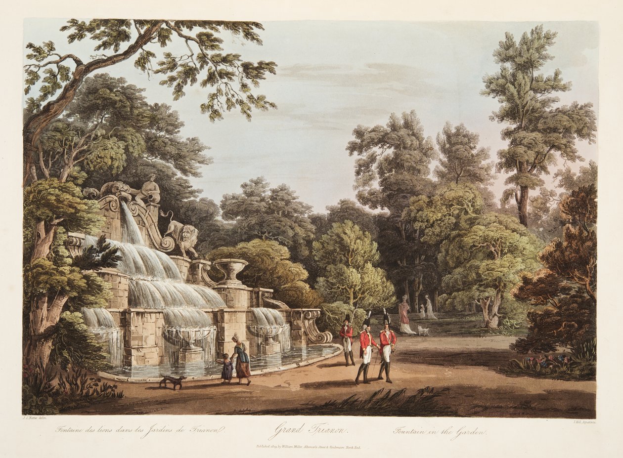 Grand Trianon, Fontána v zahradě, ilustrace z Versailles, Paříž a Saint Denis, hospoda. 1805 (akvatinta) od John Claude Nattes