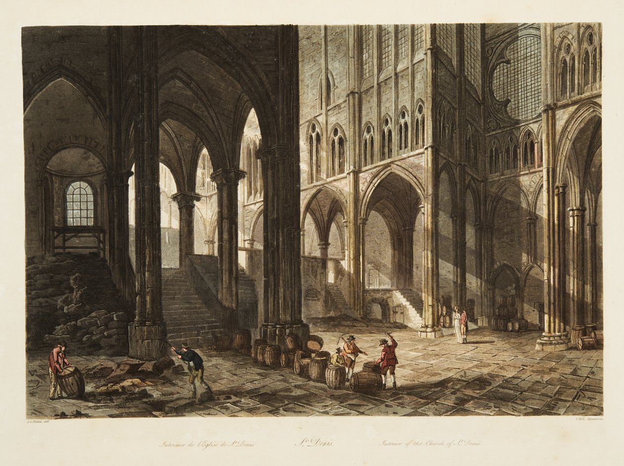 Interiér kostela sv. Denise, ilustrace z Versailles, Paříž a Saint Denis, hospoda. 1805 (akvatinta) od John Claude Nattes