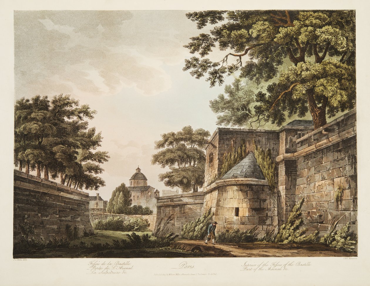 Interiér Fosses of the Bastille, Part of Arsenal, ilustrace z Versailles, Paříž a Saint Denis, hospoda. 1809 (akvatinta) od John Claude Nattes