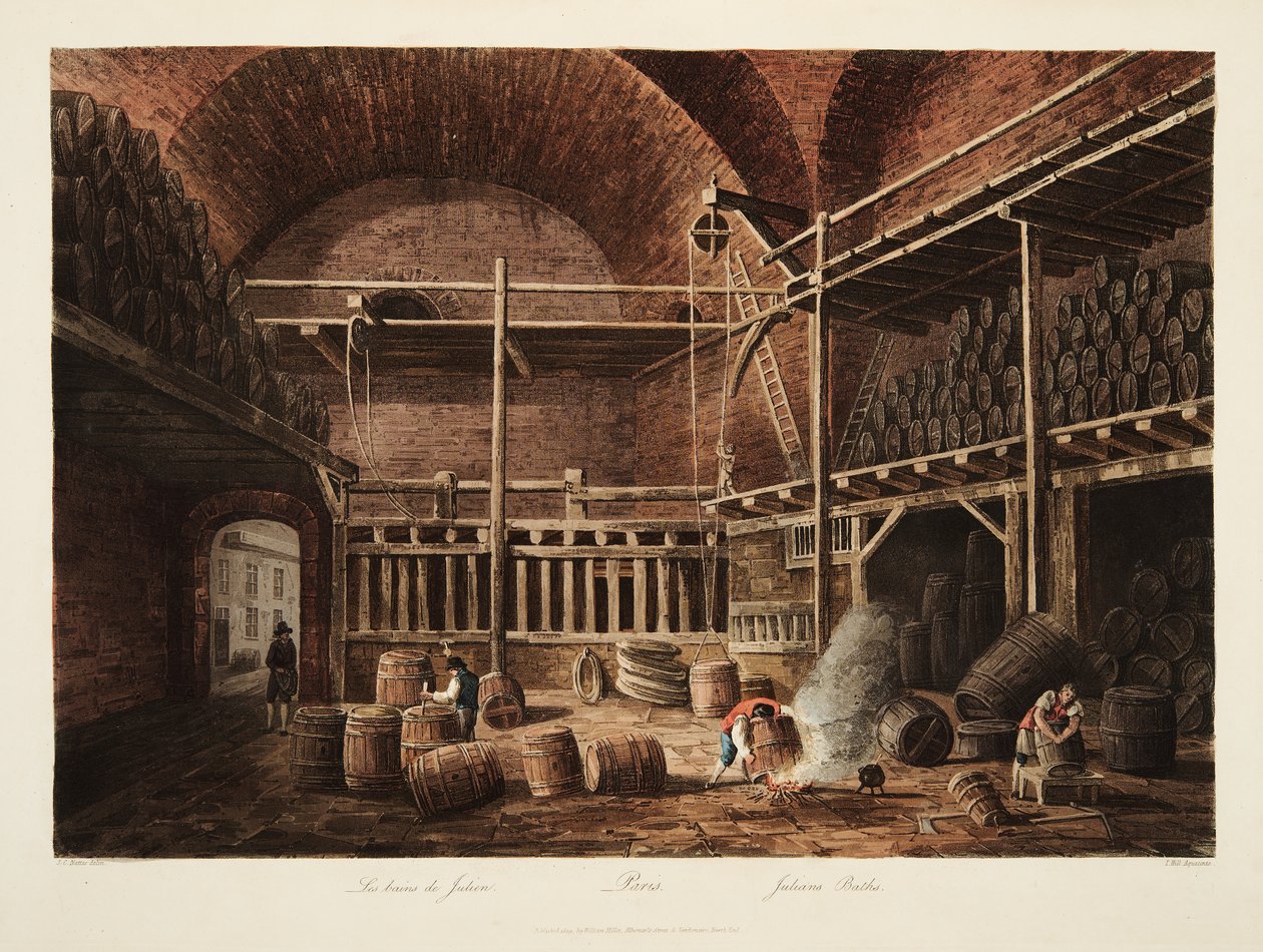 Julians Baths, ilustrace z Versailles, Paříž a Saint Denis, hospoda. 1809 (akvatinta) od John Claude Nattes