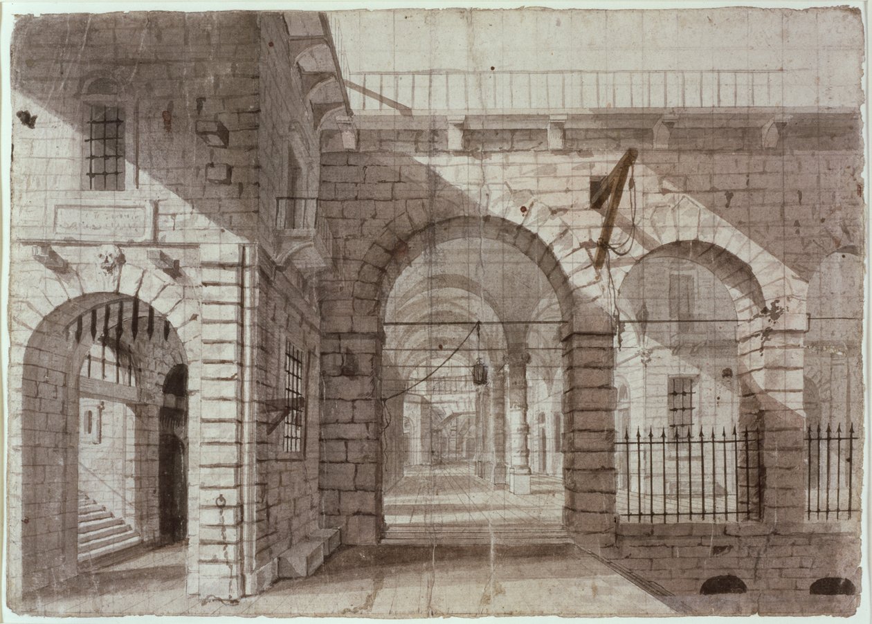 Newgate Prison Courtyard (inkoust a mytí na papíře) od John Claude Nattes