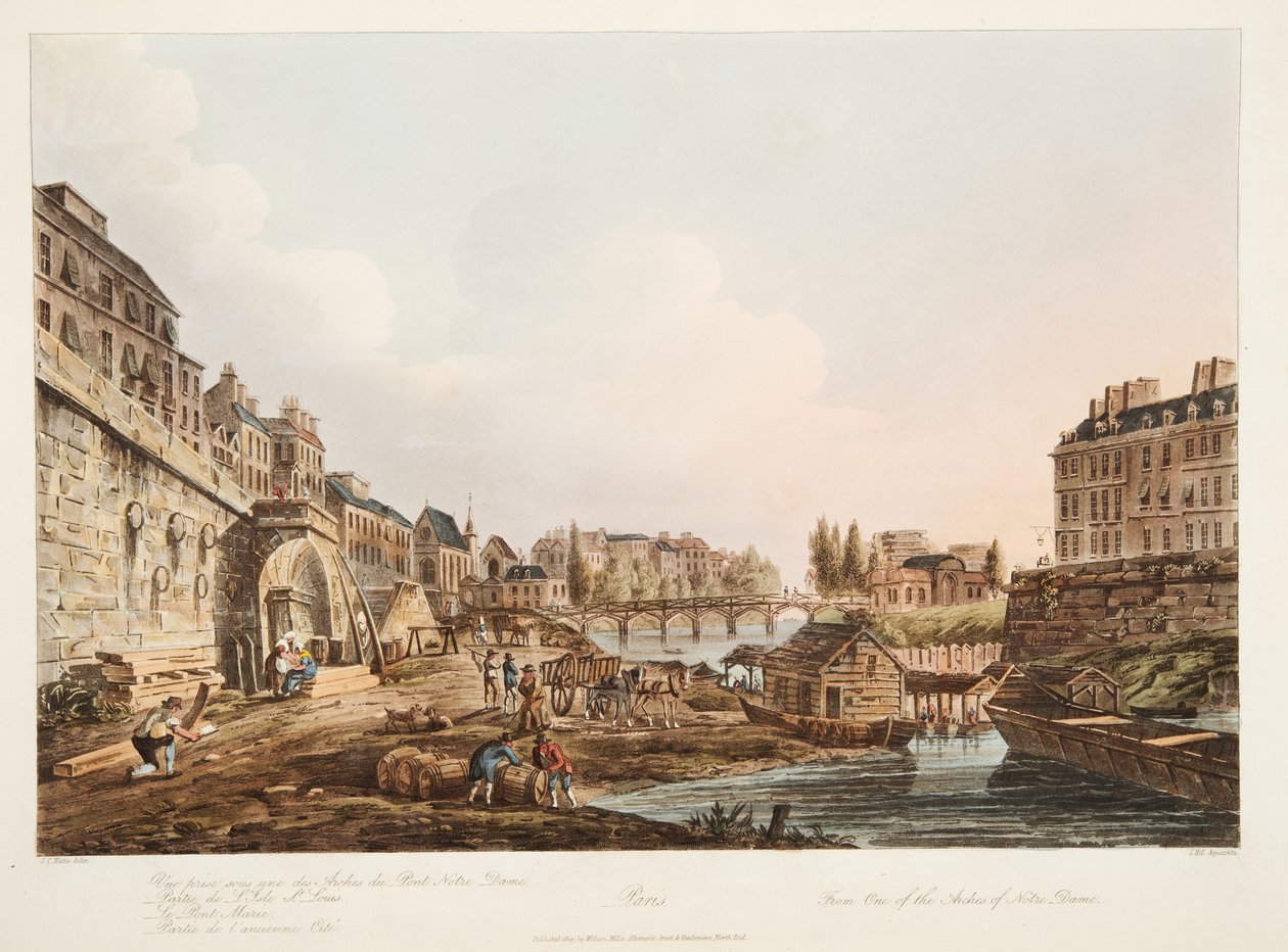Jeden z oblouků Notre Dame, ilustrace z Versailles, Paříže a Saint Denis, pub. 1809 (akvatinta) od John Claude Nattes