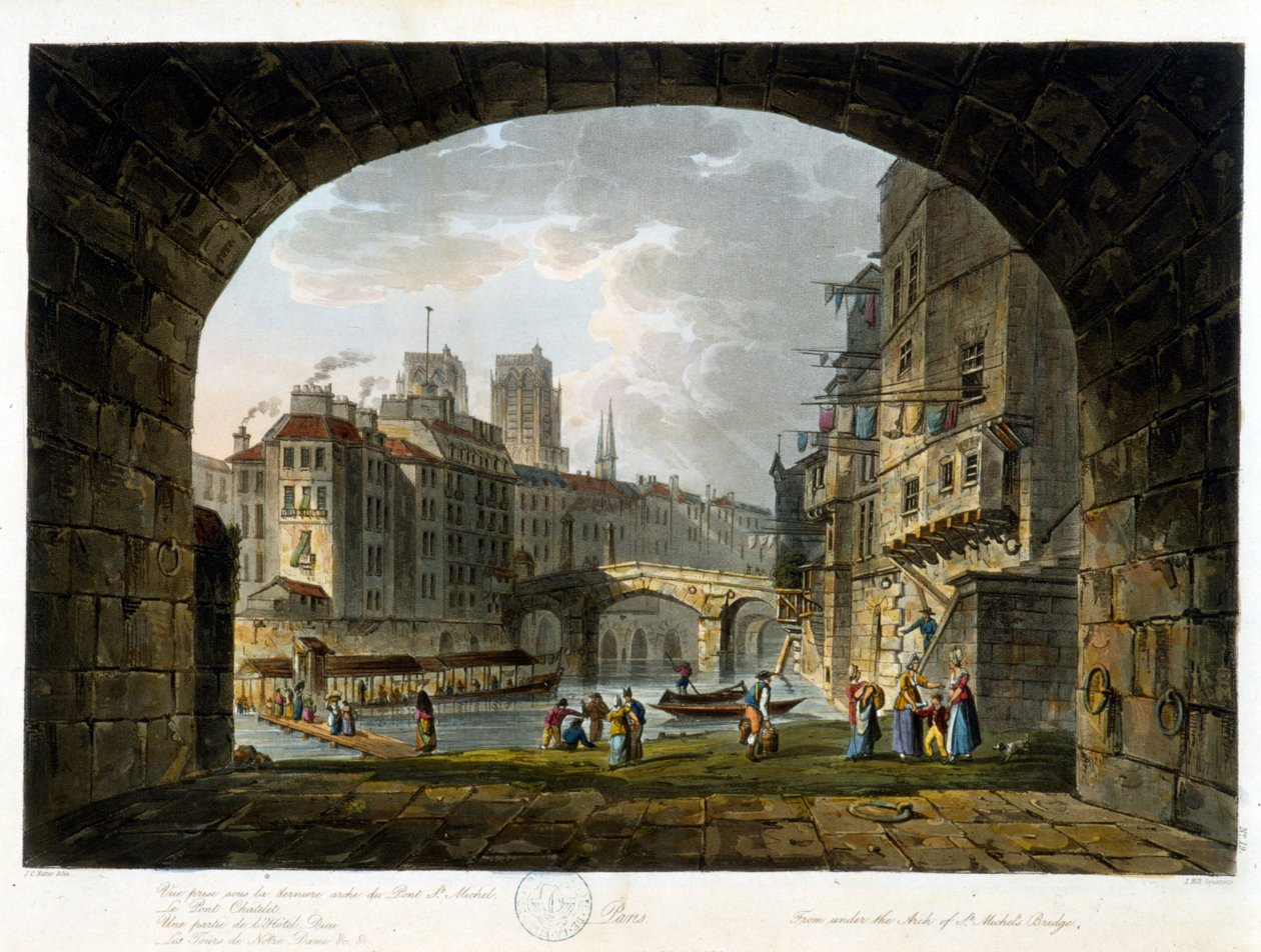 Paříž: Pont de Chatelet a Hotel Dieu - v „Paříž vu par J.C. Mattes“, ed. Miller, Londýn od John Claude Nattes