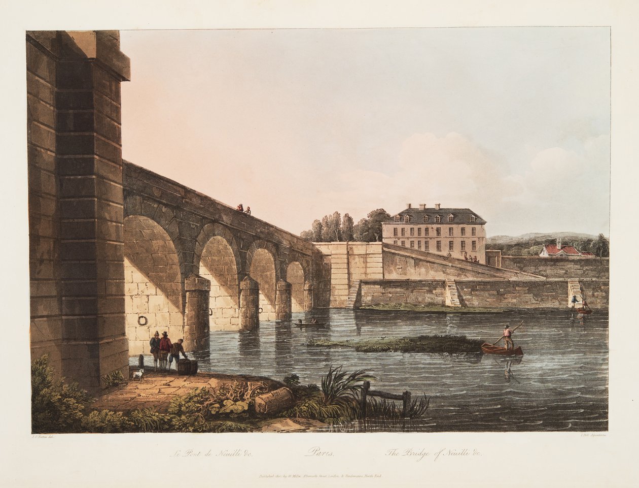 Paříž, Most Neuille, ilustrace z Versailles, Paříž a Saint Denis, hospoda. 1807 (akvatinta) od John Claude Nattes
