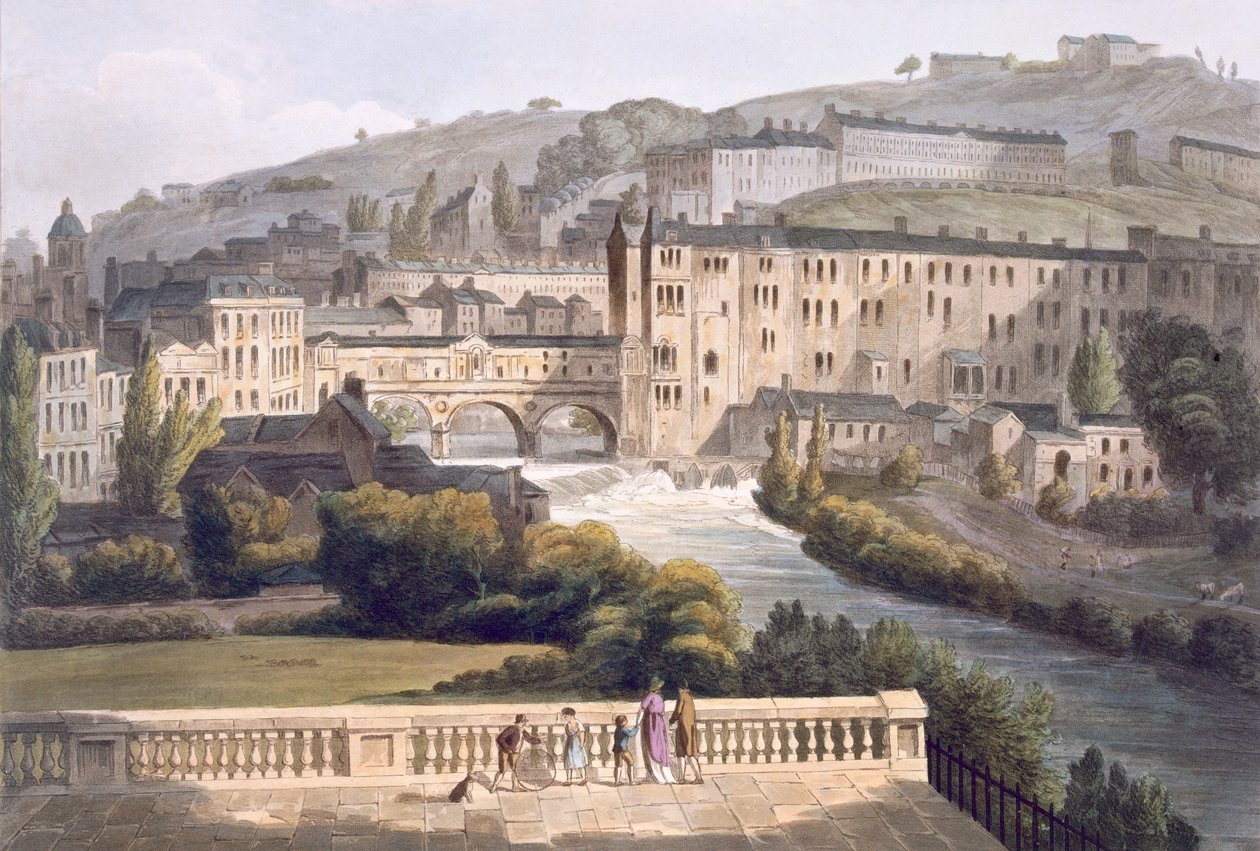 Pulteney Bridge, z knihy "Bath Illustrated by a Series of Views", vyryl John Hill, vydal William Miller, 1806 (akvatinta) od John Claude Nattes