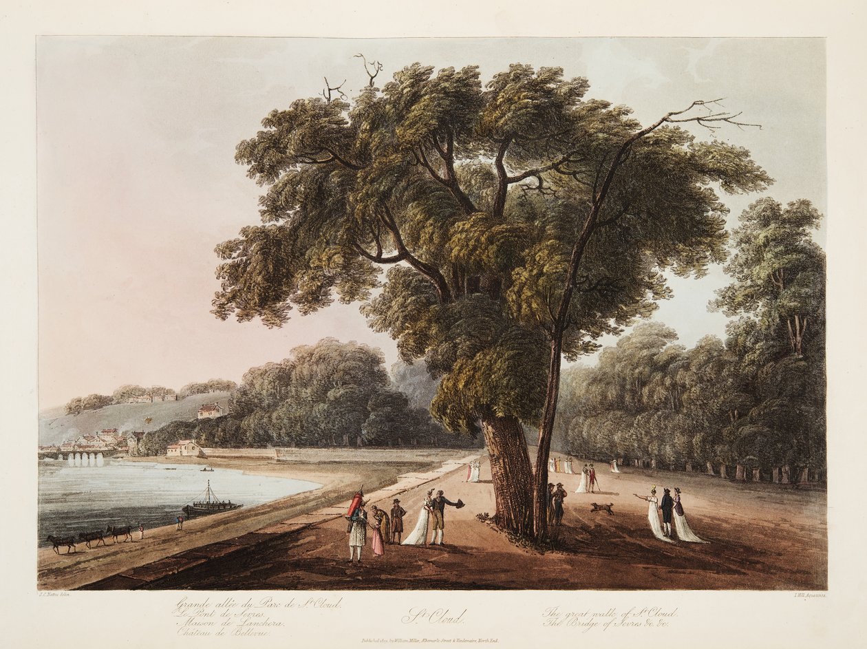 St Cloud, The Great Walk of St Cloud, The Bridge of Sevres atd. atd., ilustrace z Versailles, Paříž a Saint Denis, hospoda. 1805 (akvatinta) od John Claude Nattes